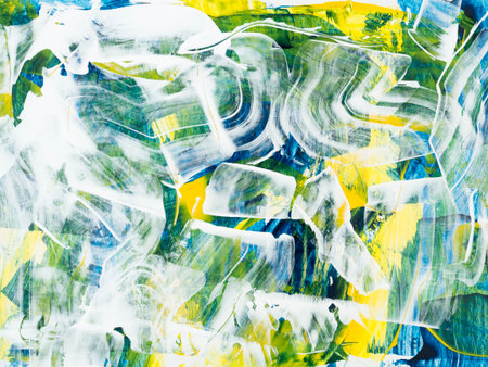 Abstract artwork, blue, green and yellow creative hand painted background, brush texture, acrylic painting. Modern art. contemporary art.の写真素材