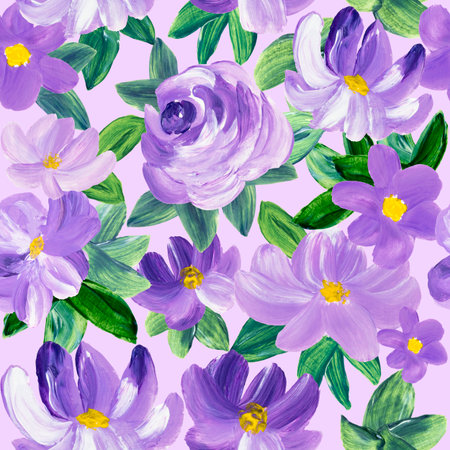 Seamless pattern of abstract purple flowers, art painting, creative hand painted background, brush texture, acrylic painting on canvas. Modern art. contemporary art.の写真素材