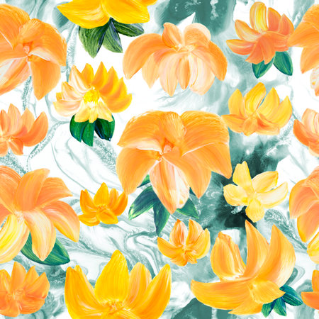 Seamless pattern of abstract orange flowers, art painting, creative hand painted background, brush texture, acrylic painting on canvas. Modern art. contemporary art.の写真素材
