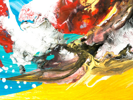 Abstract artwork, blue, red, yellow creative hand painted background, brush texture, acrylic painting. Modern art. contemporary art.の写真素材