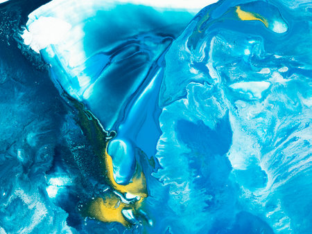 Blue and gold abstract painting, creative hand painted background, marble texture, abstract ocean, acrylic painting on canvas.の写真素材