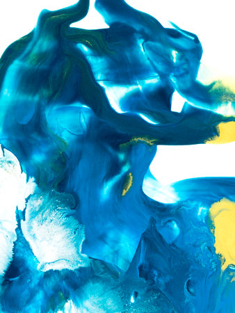 Blue and yellow abstract painting, creative hand painted background, marble texture, abstract ocean, acrylic painting on canvas.の写真素材