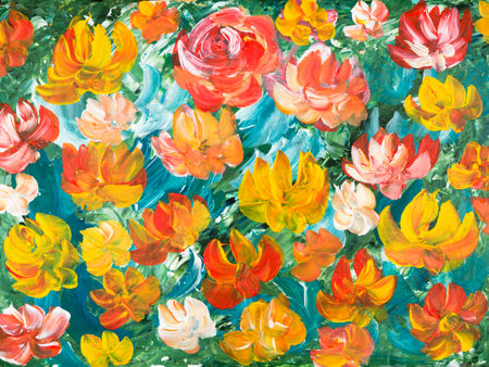 Abstract painting red and yellow flowers, original hand drawn, impressionism style, color texture, brushstrokes of paint, art background. Modern art. contemporary art.の写真素材