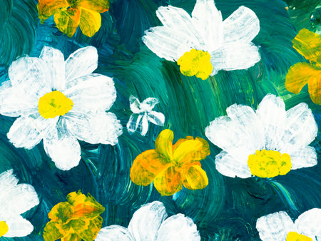 Abstract painting white flowers on green, original hand drawn, impressionism style, color texture, brushstrokes of paint, art background. Modern art. contemporary art.の写真素材