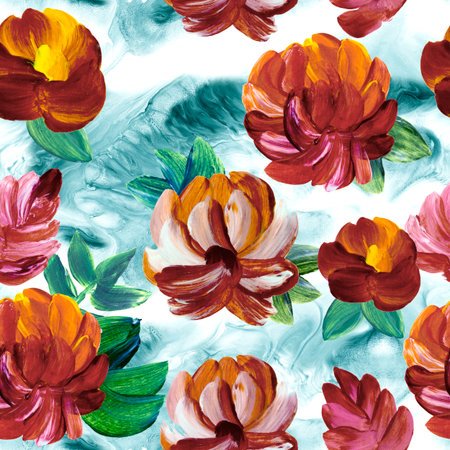 Seamless pattern of abstract red flowers, art painting, creative hand painted background, brush texture, acrylic painting on canvas. Modern art. contemporary art.の写真素材