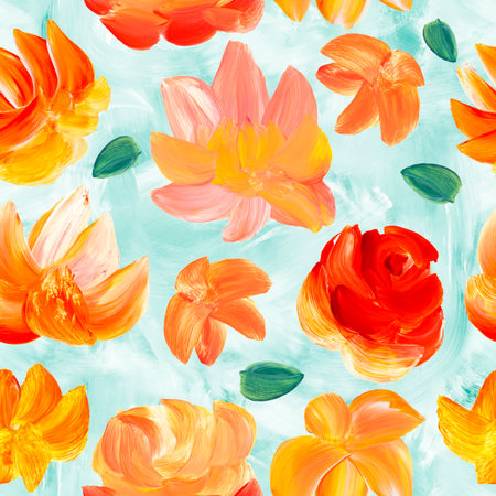 Seamless pattern of abstract red and orange flowers, art painting, creative hand painted background, brush texture, acrylic painting on canvas. Modern art. contemporary art.の写真素材