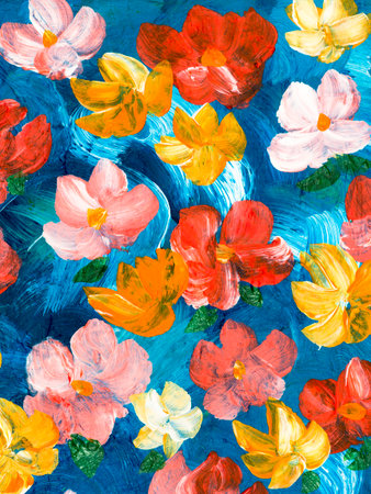 Abstract painting red and yellow flowers, original hand drawn, impressionism style, color texture, brush strokes of paint, art background. Modern art. contemporary art.の写真素材