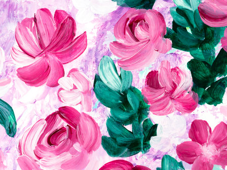 Abstract painting pink flowers, original hand drawn, impressionism style, color texture, brushstrokes of paint, art background. Modern art. contemporary art.の写真素材
