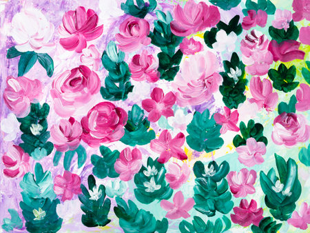 Abstract pink flowers original painting, hand drawn, impressionism style, color texture, brushstrokes of paint, art background. Modern art. contemporary art.の写真素材
