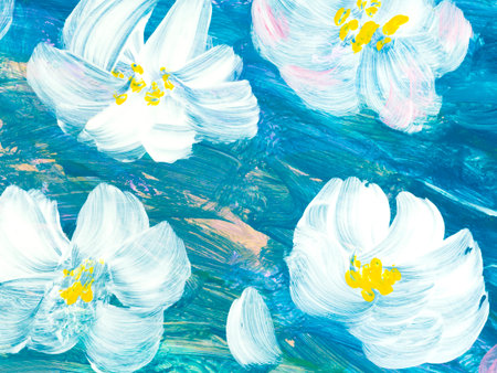Abstract painting white flowers on blue, original hand drawn, impressionism style, color texture, brush strokes of paint, art background. Modern art. contemporary art.の写真素材
