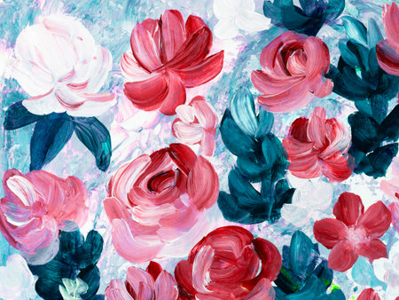 Red flowers, abstract painting, original hand drawn, impressionism style, color texture, brush strokes of paint, art background. Modern art. contemporary art.の写真素材