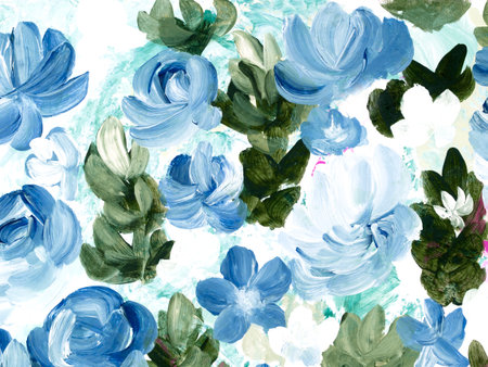 Blue flowers, abstract painting, original hand drawn, impressionism style, color texture, brush strokes of paint, art background. Modern art. contemporary art.の写真素材