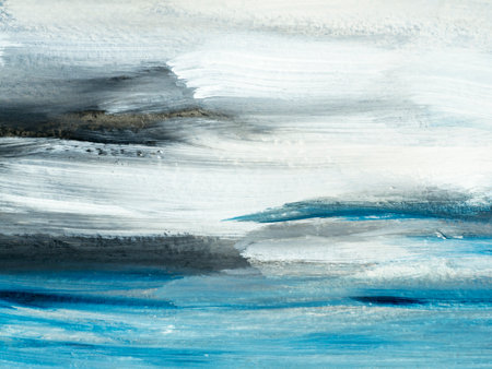abstract ocean landscape. original painting. Hand drawn, impressionism style, blue color texture with copy space, brushstrokes of paint, art background. Modern art. contemporary art.の写真素材