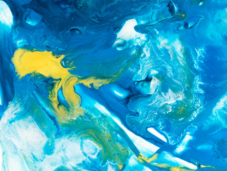 Blue and gold abstract painting, creative hand painted background, marble texture, abstract ocean, acrylic painting on canvas. Modern art. contemporary art.の写真素材