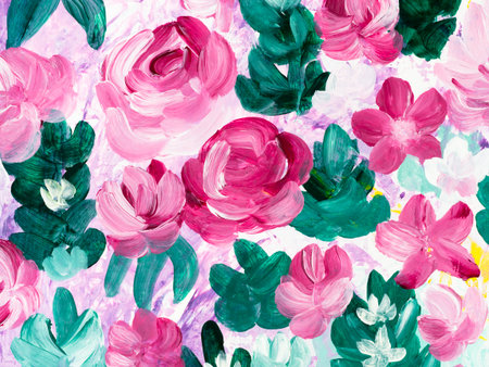 Abstract pink flowers, original hand drawn, impressionism style, color texture, brush strokes of paint, art background. Modern art. contemporary art.の写真素材