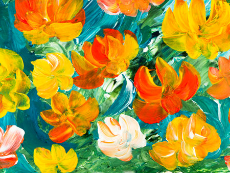 Red and yellow flowers, abstract painting, original hand drawn, impressionism style, color texture, brush strokes of paint, art background. Modern art. contemporary art.の写真素材