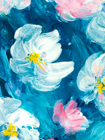 Abstract painting white flowers on blue, original hand drawn, impressionism style, color texture, brush strokes of paint, art background. Modern art. contemporary art.の写真素材