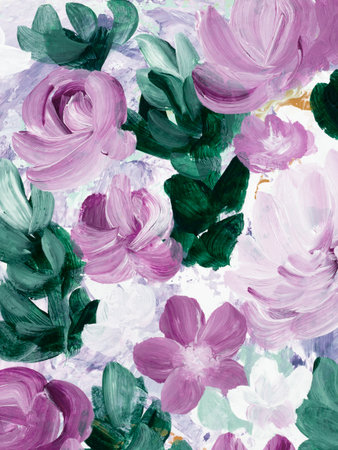 Abstract pink flowers, original hand drawn, impressionism style, color texture, brush strokes of paint, art background. Modern art. contemporary art.の写真素材