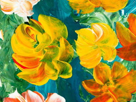 Abstract flowers, original hand drawn, impressionism style, color texture, brush strokes of paint, art background. Modern art. contemporary art.の写真素材