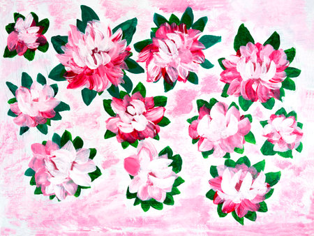 Abstract pink flowers, original hand drawn, impressionism style, color texture, brush strokes of paint, art background. Modern art. contemporary art.の写真素材