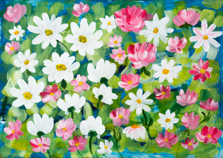 Abstract daisy flowers, original hand drawn, impressionism style, color texture, brush strokes of paint, art background. Modern art. contemporary art.の写真素材