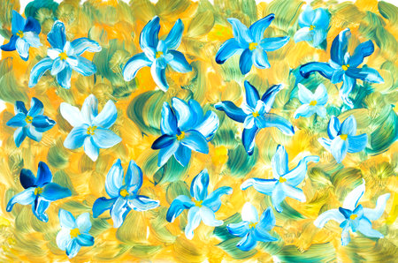 Abstract blue flowers, original hand drawn, impressionism style, color texture, brush strokes of paint, art background. Modern art. contemporary art.の写真素材