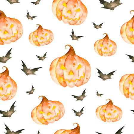 Halloween pattern. Crazy halloween seamless pattern with bright pumpkins and black silhouette bats. Perfect for wallpapers, cover design, prints.の写真素材