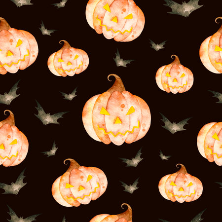 Halloween pattern. Crazy halloween seamless pattern on a black background with bright pumpkins and black silhouette bats. Perfect for wallpapers, cover design, prints.の写真素材