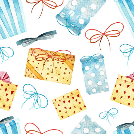 Watercolor winter seamless pattern. Pattern with gifts and bows. Perfect for you postcard design, invitations, projects, wedding card, poster, packaging.の写真素材