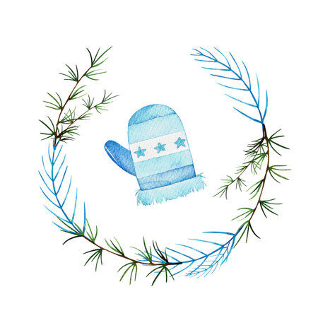 Christmas and New Year collection. Watercolor wreath. Perfect for you postcard design, invitations, projects, christmas card, logo.の写真素材