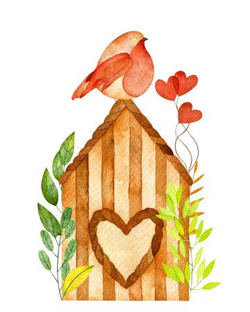 Valentine's Day collection. Watercolor postcard with birdhouse. Perfect for you greeting card, invitations, packaging.の写真素材