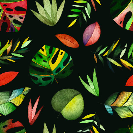 Watercolor tropical seamless pattern. Pattern with colorful leaves and branches. Perfect for you postcard design, invitations, projects, wedding card, poster, packaging.の写真素材