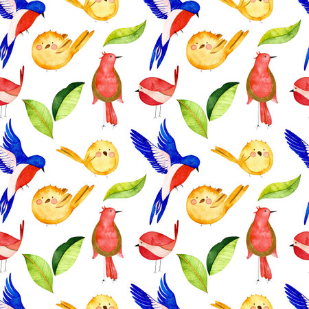 Watercolor birds seamless pattern. Pattern with colorful birds and leaves. Perfect for you postcard design, invitations, projects, wedding card, poster, packaging.の写真素材