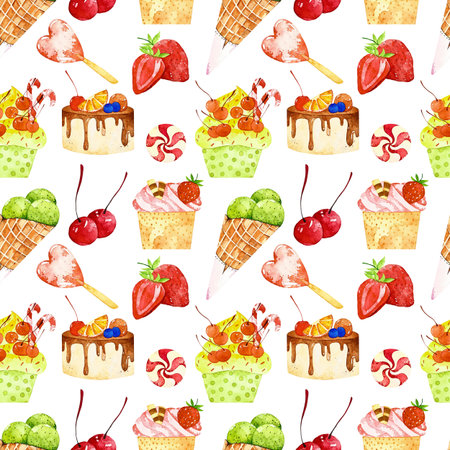Watercolor yummy seamless pattern. Pattern with cakes, berries, lollipop and candy. Perfect for you postcard design, invitations, projects, wedding card, poster, packaging.の写真素材