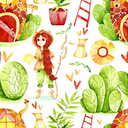 Watercolor sweet home seamless pattern. Pattern with girl, tree, home and sweet home elements. Perfect for you postcard design, invitations, projects, wedding card, poster, packaging.の写真素材