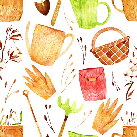 Watercolor garden seamless pattern. There are also branches and garden elements.Perfect for you postcard design, invitations, projects, wedding card, poster, packaging.の写真素材