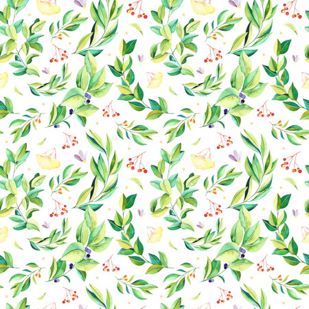 Watercolor flowers seamless pattern. Handpainted watercolor pattern with flowers and branches, leaves. Perfect for you postcard design, wallpaper, print, invitations, packaging etc.の写真素材
