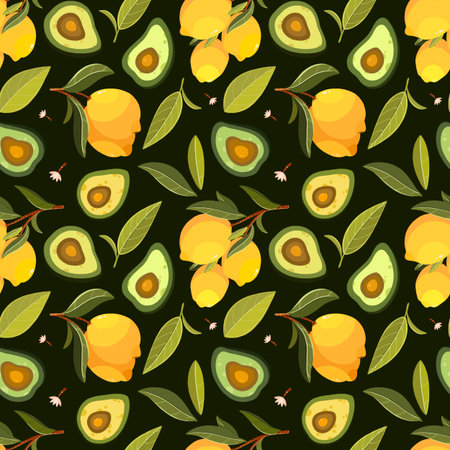 Fruit seamless pattern. Pattern with lemon, avocado, leaves and branches. Use for postcard, print, packaging etc.の写真素材