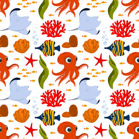 Underwater life seamless pattern. Pattern with cute fish and corals. Use for postcard, print, packaging, wallpapers etc.の写真素材