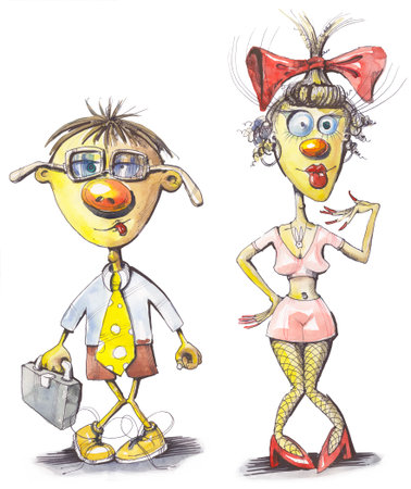 Cartoon characters of pupils. The boy and the girl drawn by means of a water color, pencil, ink and a featherの写真素材