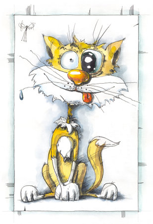 Drawing character of a cheerful cat, water color, paper, ink and feather.の写真素材