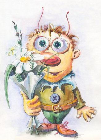 Painted in watercolor character is a boy holding a flower in her hand.の写真素材