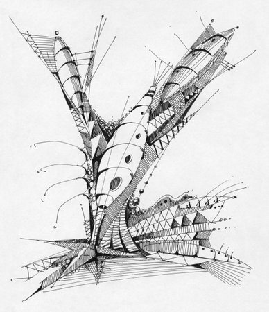 Abstract geometrical drawing on paper with pens.の写真素材