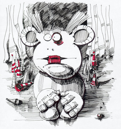 Figure sad clown sitting on the stage. Drawn pen and marker on paper. See the whole series in my portfolio.の写真素材