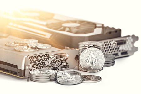 Ethereum mining. Using powerful Video cards to mine and earn cryptocurrencies concept. 3D illustrationの写真素材