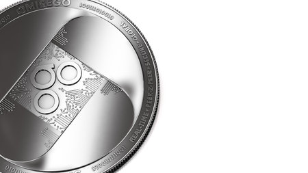 Macro shot of silver OmiseGo (OMG) coin and copy space on the right where you can place your text or chart. Isolated on white. 3D renderingの写真素材