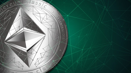 Macro shot of silver Ethereum Classic (ETC) and copy space on the right where you can place your...
