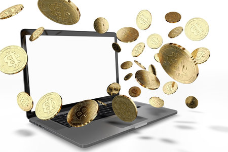 Bitcoin coins jumping off computer, with empty copy space on-screen, isolated on white - ENTER YOUR OWN TEXT. 3D illustrationの写真素材