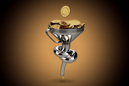 Knot tied on funnel full of Bitcoins as slow Bitcoin transfers concept. 3D illustration.の写真素材