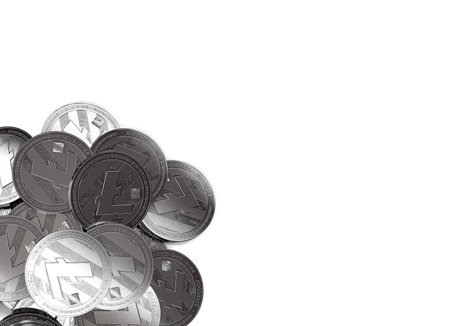 Stack of silver Litecoins in bottom-left corner isolated on white and copy space for your text. 3D renderingの写真素材